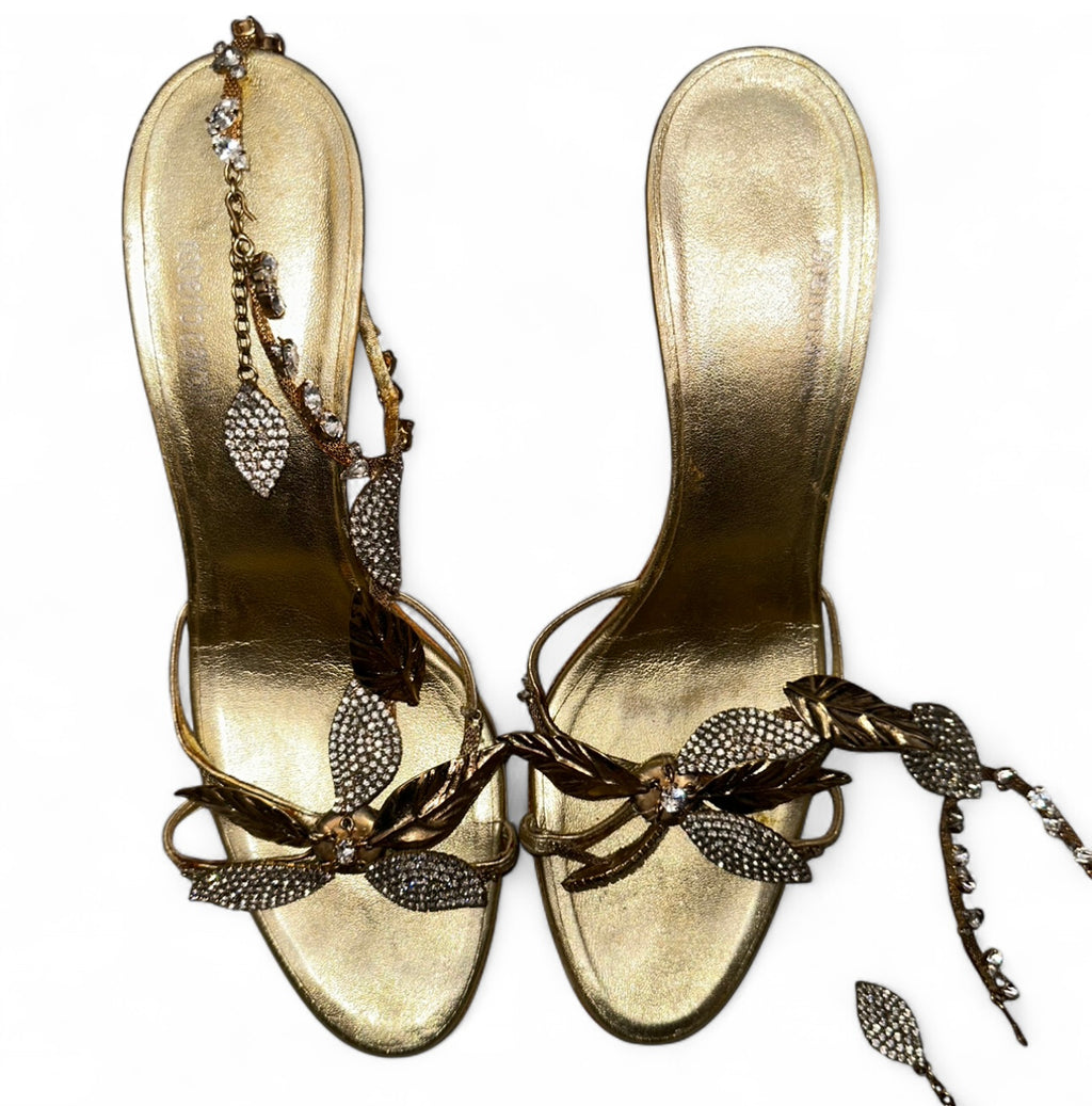 ROBERTO CAVALLI GOLD RHINESTONE LEAF SANDAL HEELS - EU40