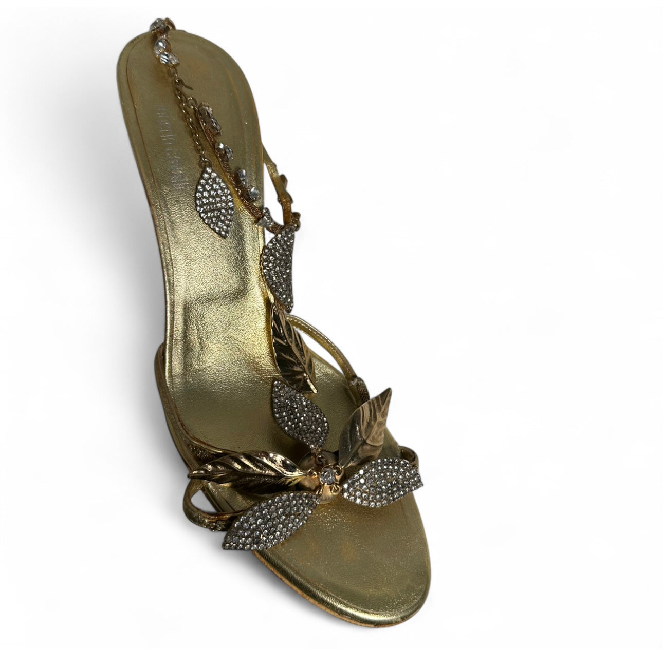 ROBERTO CAVALLI GOLD RHINESTONE LEAF SANDAL HEELS - EU40