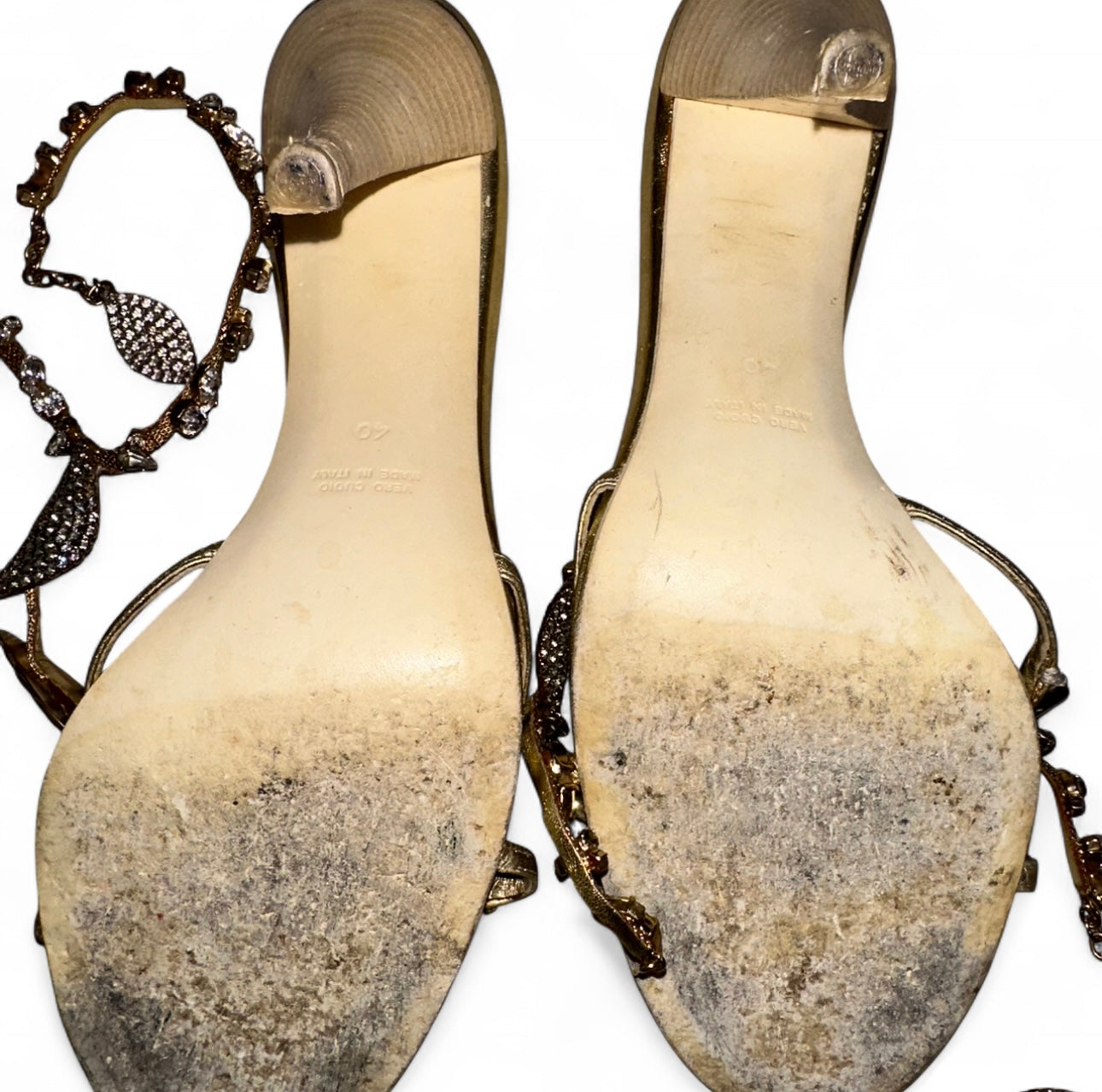 ROBERTO CAVALLI GOLD RHINESTONE LEAF SANDAL HEELS - EU40